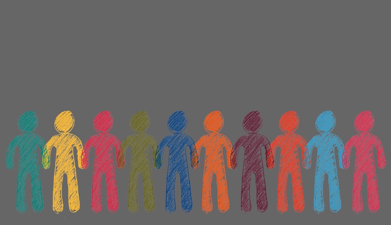 tien getekende gekleurde personen hand in hand op een rij