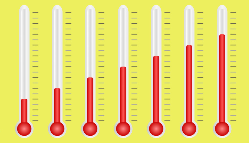 zeven thermometers met oplopende temperatuur